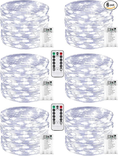 6 Pack 60 LED Fairy Lights Battery Operated with Remote, 20 FT Cool White | Cuttable, 8 Modes, Memory, Dimmable, Waterproof Battery String Lights with Timer for Indoor Outdoor, Christmas Decorations