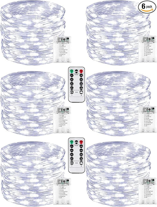 6 Pack 60 LED Fairy Lights Battery Operated with Remote, 20 FT Cool White | Cuttable, 8 Modes, Memory, Dimmable, Waterproof Battery String Lights with Timer for Indoor Outdoor, Christmas Decorations