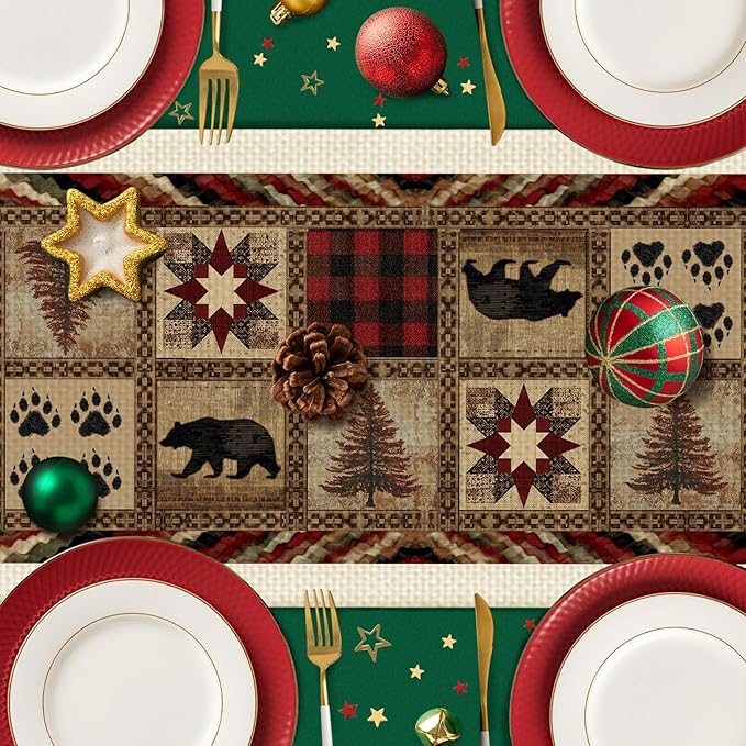 Retro Bear Table Runner,Dining Decor for Kitchen Coffee Table Family Dinners Holiday Parties Wedding Events Decor(13x72 inch)