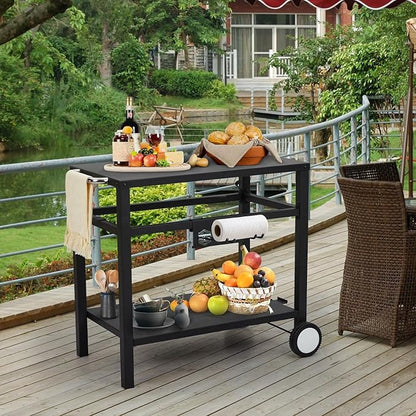 Outdoor BBQ Table Removable BBQ Prep Table with Wheels, Hooks and Side Handles Double Shelf Outdoor Food Cart for Kitchen, Camping, Bar and Terrace