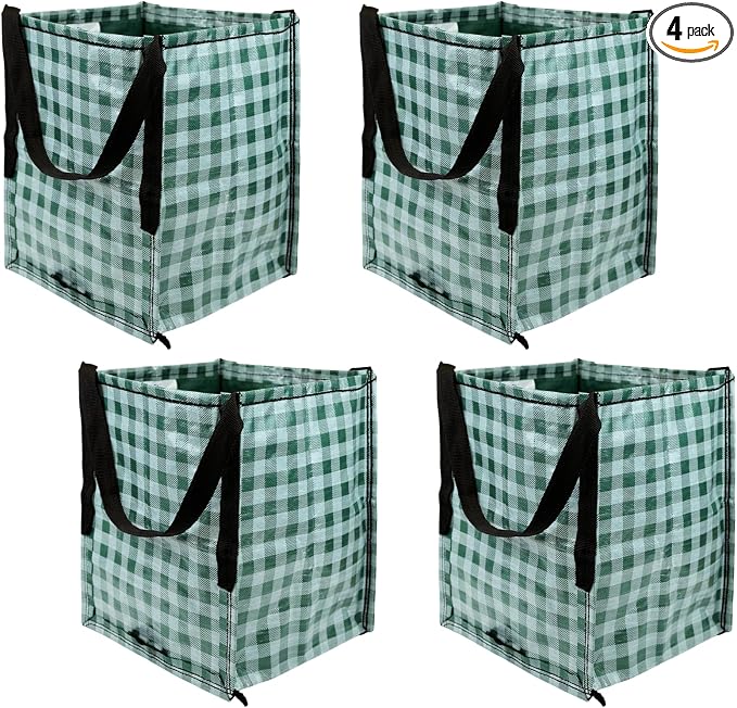 DURASACK Heavy Duty Storage Tote Bag 22-Gallon, Gingham Green, Pack of 4 | Rugged Woven Polypropylene Moving Bag, Reusable Self-Standing Design, Holds up to 500 Pounds