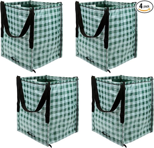 DURASACK Heavy Duty Storage Tote Bag 22-Gallon, Gingham Green, Pack of 4 | Rugged Woven Polypropylene Moving Bag, Reusable Self-Standing Design, Holds up to 500 Pounds