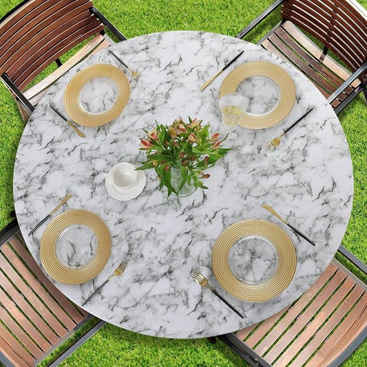 Romanstile Round Fitted Vinyl Tablecloth with Elastic Edge 100% Waterproof | Table Covers for 57"- 68" Tables, Wipeable Flannel Backed Plastic Table Cloths for Dinner, Picnic, Camping, Outdoor, Marble