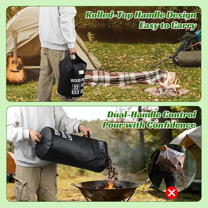 2PCS 22LB Waterproof Wood Pellet Storage Bag - Dual Handles, Label Pocket, Portable BBQ Smoker Pellet Storage Containers Bin, Stay Dry Pellet Grill Accessories for Fuel, Charcoal, Wood Chips
