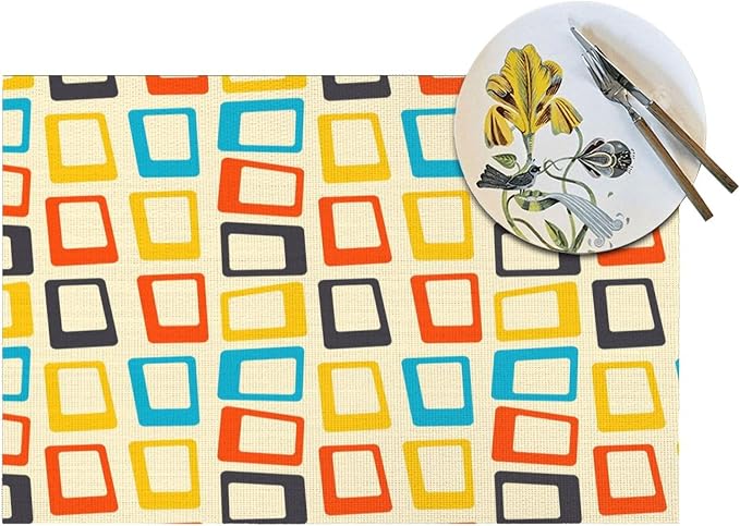 Retro Placemats Set of 4, Mid Century Modern Dining Table Place Mats | Washable Heat Resistant Table Mats for Kitchen Dinner Holiday Party Home Decor 12x18 Inch