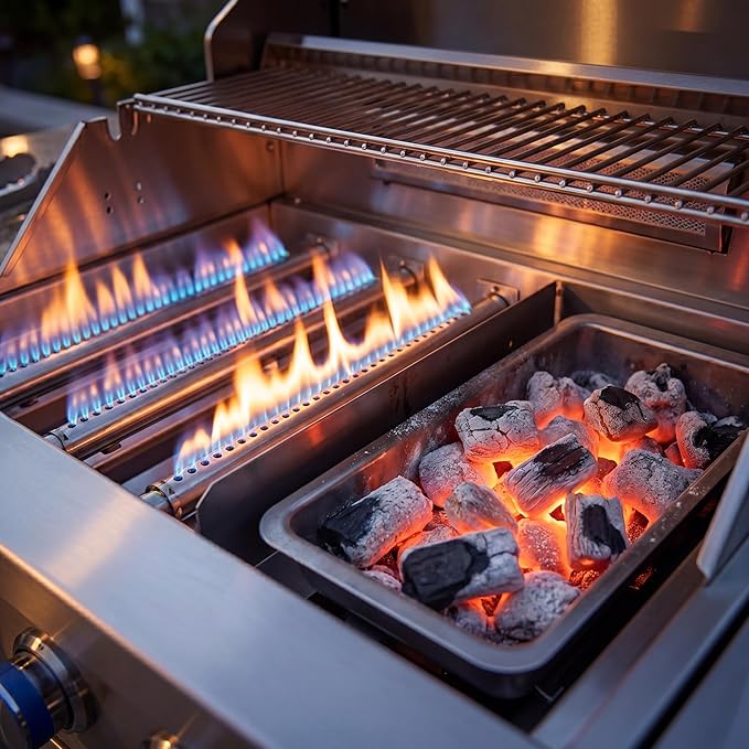 27 In Built-in Outdoor Gas and Charcoal Dual-Fuel BBQ Grill, 4-BurnerStainless Steel Drop-in Grill, 304 Brushed Stainless Steel, Heavy Duty Outdoor Kitchen Island Grill