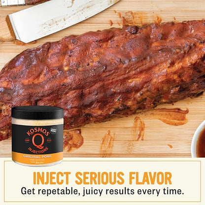 Kosmos Q Original BBQ Pork Injection, Meat Marinade for Pulled Pork, Chops, Ribs, Tenderloin & Brisket, Enhance Flavor & Juiciness, Award-Winning BBQ Seasoning for Moist & Tender Barbecue, 16 Oz Jar