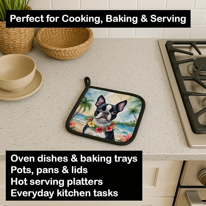 Caroline's Treasures Boston Terrier Luau Pair of Pot Holders Kitchen Heat Resistant Pot Holders Sets Oven Hot Pads for Cooking Baking BBQ, 7 1/2 x 7 1/2