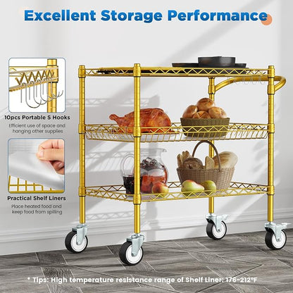 Leteuke 3 Tier Rolling Carts with Wheels, Heavy Duty Rolling Utility Cart | NSF Commercial Grade Metal Cart with Handle&Shelf Liner,Trolley Serving Cart for Kitchen,Restaurant,Plant Display,Gold