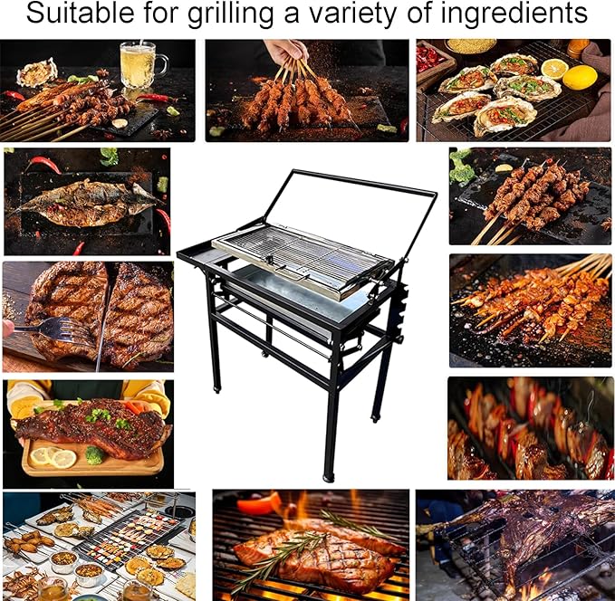 Flipping Charcoal Grill with Wheels, 360° Rotating BBQ Cooking Grid Stand-up Grills, Heavy Duty Square Outdoor Detachable Portable Grillfor Camping Garden Commercial Barbeque