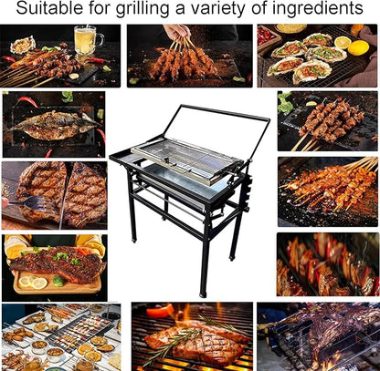 Flipping Charcoal Grill with Wheels, 360° Rotating BBQ Cooking Grid Stand-up Grills, Heavy Duty Square Outdoor Detachable Portable Grillfor Camping Garden Commercial Barbeque