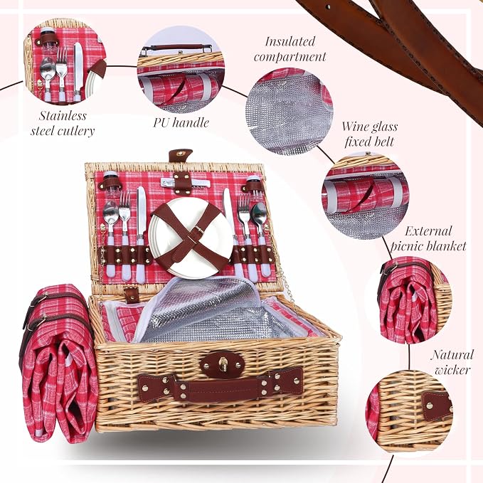 Wicker Picnic Basket Set for 4, Blanket, Cooler Bag, Pink Red Plaid | Four-Person Wicker Set Includes Tableware, Insulated Food Storage and Waterproof Blanket for Parks, Camping, Dates and Gifts