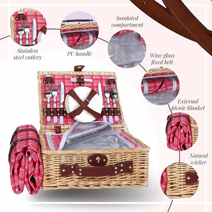 Wicker Picnic Basket Set for 4, Blanket, Cooler Bag, Pink Red Plaid | Four-Person Wicker Set Includes Tableware, Insulated Food Storage and Waterproof Blanket for Parks, Camping, Dates and Gifts