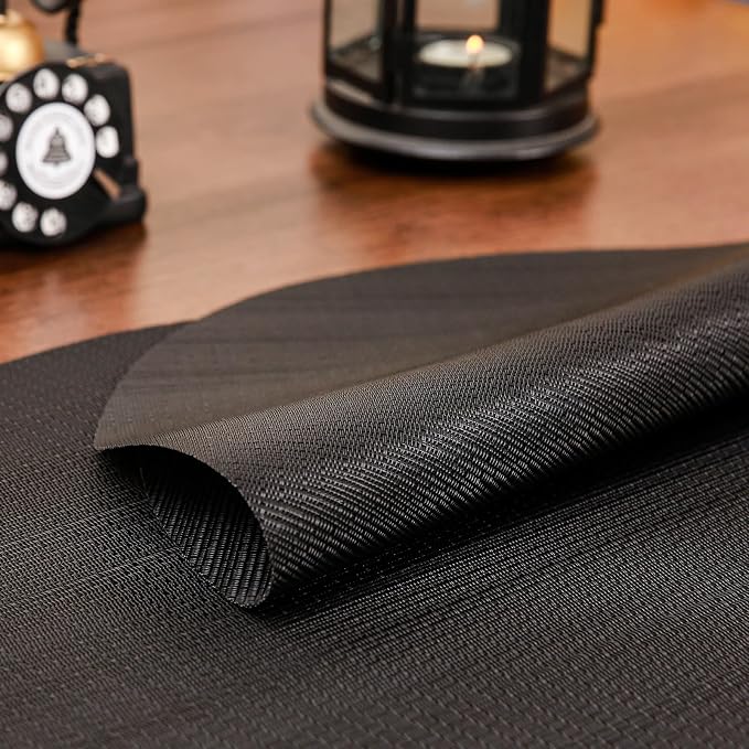 15 Inch Round Placemats Set of 8, Washable Vinyl Woven Place Mats | Heat Resistant Non-Slip Braided Table Mats for Dining Table Kitchen Indoor & Outdoor Use (Black, Set of 8)