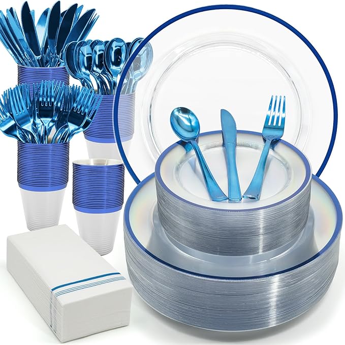 AIRE 350PCS Blue Plastic Plates for Party Supplies Dinnerware Sets for 50 Guests, Disposable Plastic Party Plates Cups Spoons Forks Knives Napkins for Birthday Wedding BBQ Christmas Parties, Blue