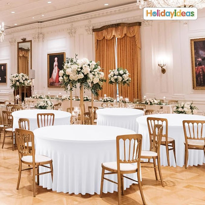 Fitted White Spandex Table Skirts for Wedding Party,72 Inch Round,4 Pack | Spandex Table Covers, For 6 Ft Wedding Cake Tables, Wrinkle Resistant, Ruffle Design Banquets, Baby Showers, Parties