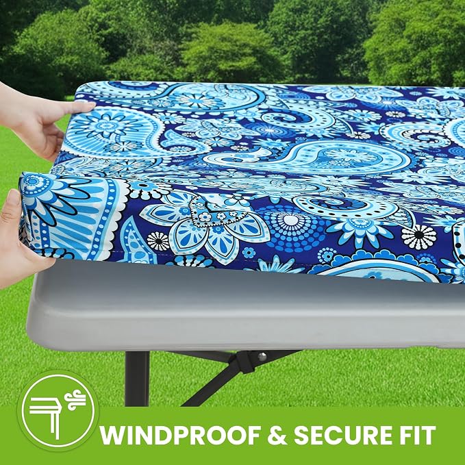 Smiry Spandex Fitted Tablecloth for 6 Foot Rectangle Tables, Washable Picnic Table Cover with Elastic, Stretch Reusable Table Cloth for Outdoor, Camping, Dining & Kitchen (Blue Paisley, 30"x72")