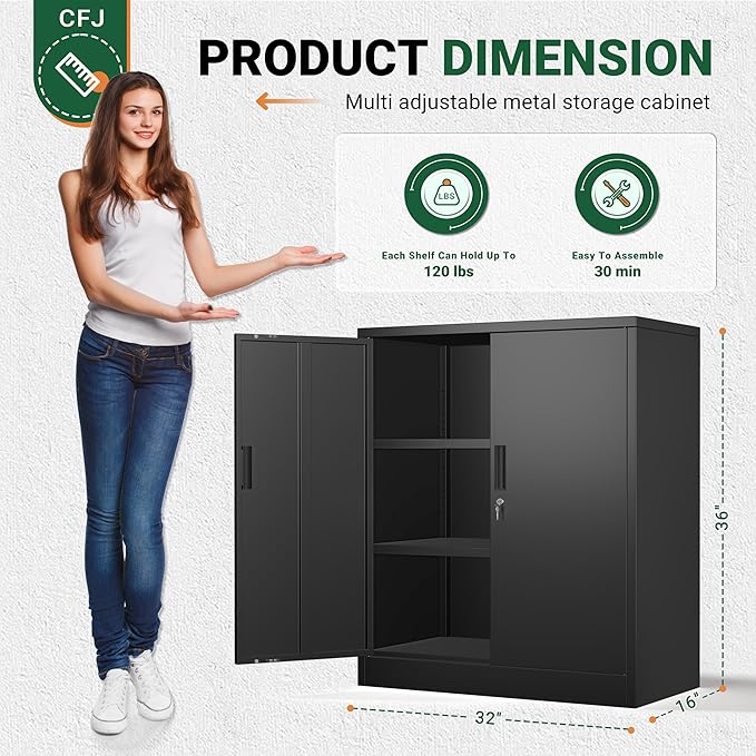 CJF Pantry Cabinet, Metal Pantry Storage Cabinets with Doors and 2 Adjustable Shelves, 36" H Locking Cabinet for Kitchen Storage, Home, Garage, Utility Room and Basement, Black