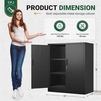 CJF Pantry Cabinet, Metal Pantry Storage Cabinets with Doors and 2 Adjustable Shelves, 36" H Locking Cabinet for Kitchen Storage, Home, Garage, Utility Room and Basement, Black