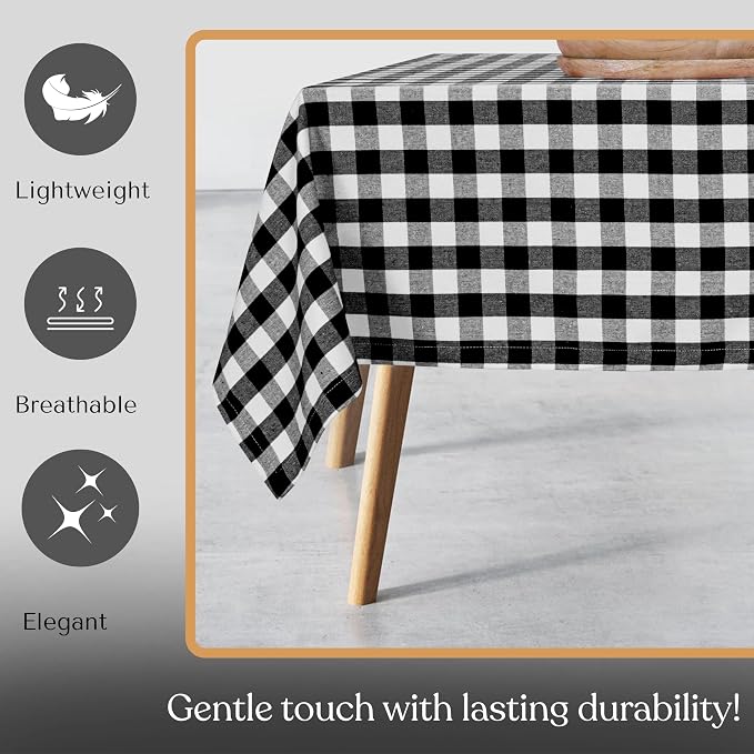 Gingham Check Tablecloth, 100% Cotton, 52x70 Inch, Black and White, Durable Table Cover for Rustic Kitchen Decor, Picnics, BBQ, Dining Room, Indoor and Outdoor Use, Black White