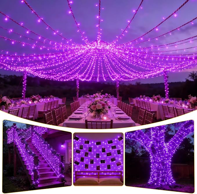 Solar String Lights Outdoor Waterproof 2 Pack Total 66ft 200LED Purple | 8 Modes Twinkle Lights Solar Fairy Lights for Patio, Garden Yard Party Wedding Tree Christmas Halloween Decoration