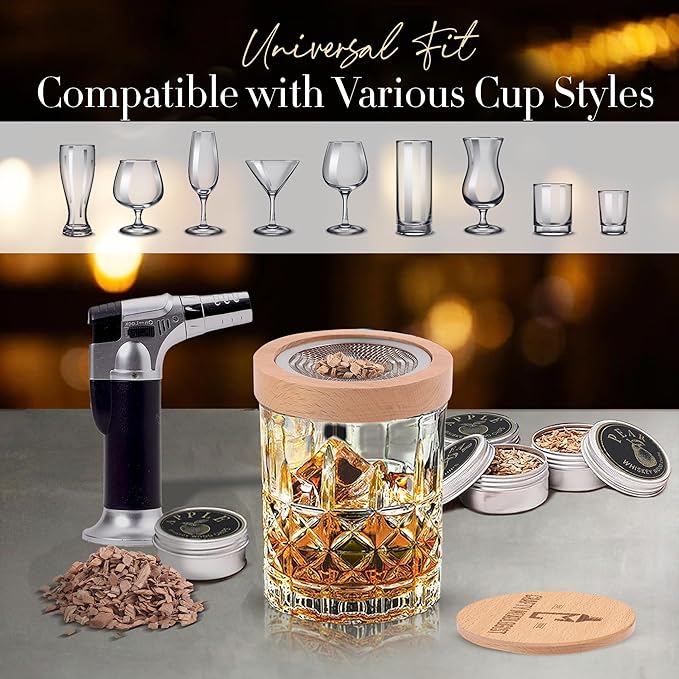 Whiskey Smoker Kit with Torch – 6 Wood Chip Flavors & 2 Glasses – Cocktail Smoker Infuser Set for Old Fashioned and Bourbon– Birthday Gifts for Dad, Men, Husband and Boyfriend(Butane Not Included)