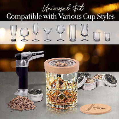Whiskey Smoker Kit with Torch – 6 Wood Chip Flavors & 2 Glasses – Cocktail Smoker Infuser Set for Old Fashioned and Bourbon– Birthday Gifts for Dad, Men, Husband and Boyfriend(Butane Not Included)