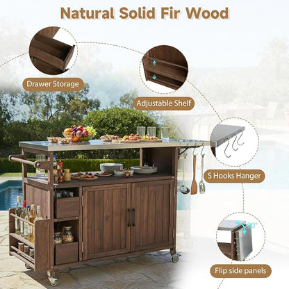 Christopher Knight Home Edsel Outdoor Bar Cart with Stainless Steel Top and Lockable Wheels, Solid Wood Outdoor Storage Cabinet, Kitchen Island Serving Cart for Poolside, Garden, Brown+Silver