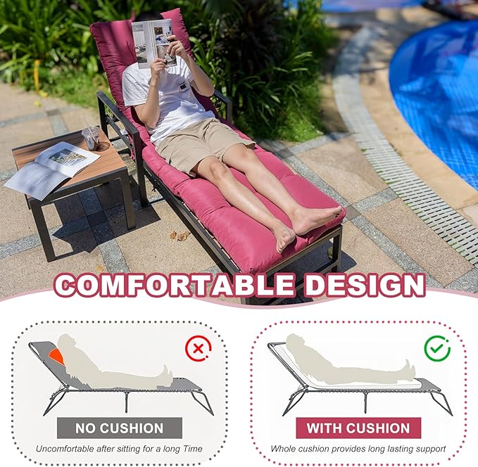Outdoor Lounge Chair Cushions, 74.4 x 22 x 4.8 Inches Waterproof Fade Resistant Patio Cushion for Chaise Lounger (Wine Red)