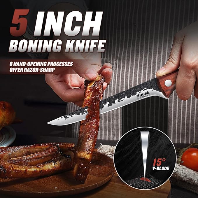 Huusk Boning Knife for Meat Cutting Deboning Butchering,Japanese Fillet Knives with Sheath,Brisket Trimming Knife,Full Tang Hand Forged Camping BBQ 5 Inch Gift for Dad