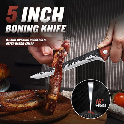 Huusk Boning Knife for Meat Cutting Deboning Butchering,Japanese Fillet Knives with Sheath,Brisket Trimming Knife,Full Tang Hand Forged Camping BBQ 5 Inch Gift for Dad