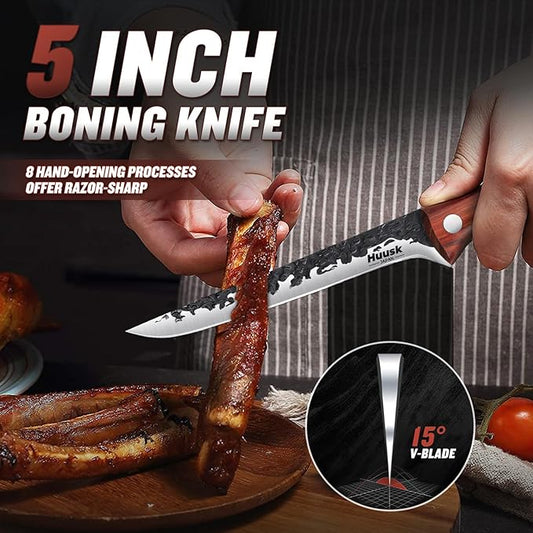 Huusk Boning Knife for Meat Cutting Deboning Butchering,Japanese Fillet Knives with Sheath,Brisket Trimming Knife,Full Tang Hand Forged Camping BBQ 5 Inch Gift for Dad