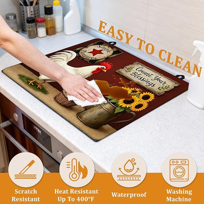 Farmhouse Rooster Glass Top Stove Cover Protector,Rustic Sunflower Heat Resistant Stove Top Cover, Large Size Range Covers for Electric Stove Countertop Mat, 28 x 20 Inch