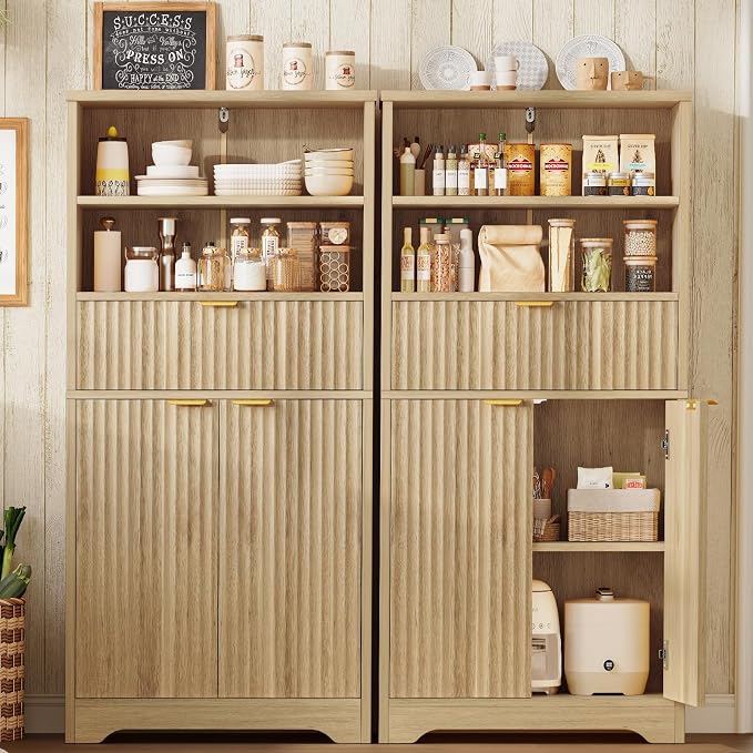 Tall Storage Cabinet with Adjustable Shelf & Drawer, Fluted Cabinet with Doors, Kitchen Pantry Cabinets, Bathroom Storage Cabinets, for Living Room, Entryway, Home Office, Natural