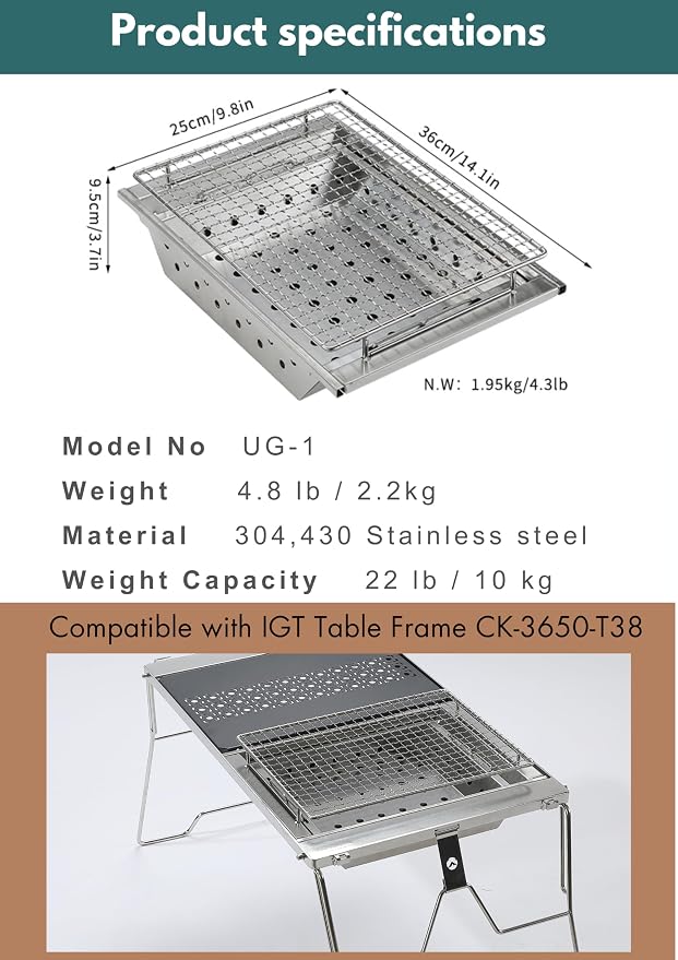 CAMPINGMOON IGT Compatible Charcoal Grill Portable Tabletop BBQ Stove Heat-Shield Design 304 Stainless Steel Precision Airflow Overlanding Camping UG-1