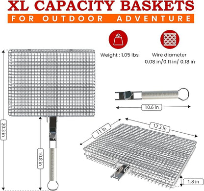 ORIGINAL Jumbo XL Grilling Basket with Detachable Handle and Easy Open/Close Locking Lid. New & Improved Stainless Steel Construction with Larger Capacity (12.5 x 9.5 x 2 inches) for Outdoor BBQ Camping Grilling by Kabob King