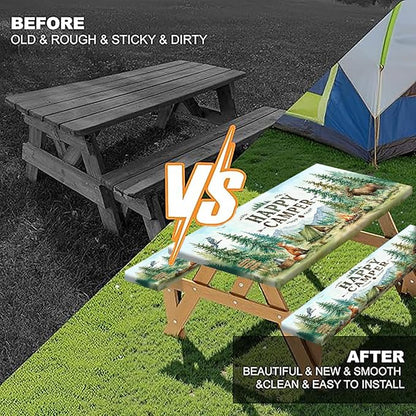 Picnic Table Cover with Bench Covers and Bag, Wildlife Animals Forest Mountain Waterproof Elastic Fitted Tablecloths for Rectangle Tables, Washable Tablecloth for Camping, Outdoor, 3 Pcs, 30x96 Inch