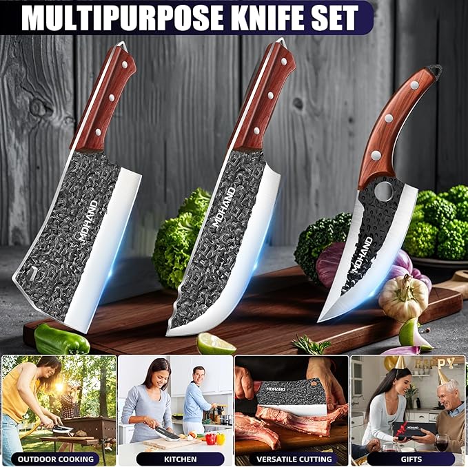 MDHAND Butcher Knife Set, 8PCS Hand Forged Butcher Chef Knife Set, High Carbon Steel Full Tang Kitchen Knives Set, Heavy Duty Meat Cleaver for Outdoor Camping BBQ, Gift for Men