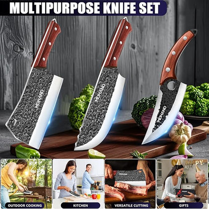 MDHAND Butcher Knife Set, 8PCS Hand Forged Butcher Chef Knife Set, High Carbon Steel Full Tang Kitchen Knives Set, Heavy Duty Meat Cleaver for Outdoor Camping BBQ, Gift for Men