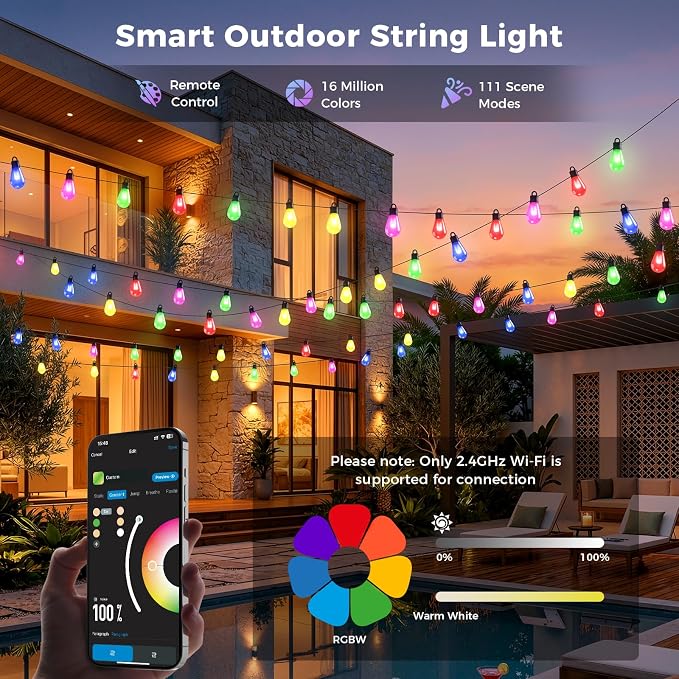 CDN Outdoor Smart RGBW String Light, LED Bulbs, 80Ft Patio Lights Waterproof IP65, App Control, Dimmable Warm White, 111 Scene Modes, Compatible with Alexa
