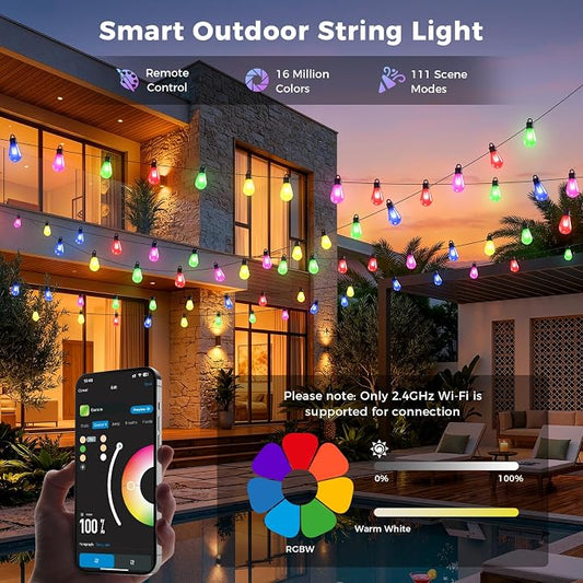 CDN Outdoor Smart RGBW String Light, LED Bulbs, 80Ft Patio Lights Waterproof IP65, App Control, Dimmable Warm White, 111 Scene Modes, Compatible with Alexa