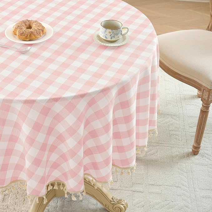 Softalker Pink Gingham Tablecloth 70 x 70 Inch Round, Outdoor Linen Cotton Checkered Table Cloth with Tassel, Heavy Duty Wrinkle Free Buffalo Plaid Table Cover for Kitchen Dining Home Party
