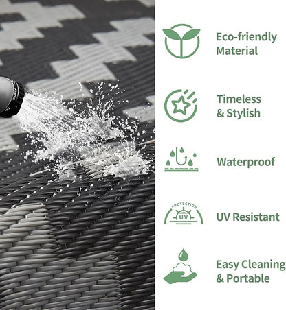 GENIMO Outdoor Rug, Waterproof Plastic Rugs 9'x12' for Camping Black Grey | Outside Larger Modern Carpet Mat for Porch Decor, Deck, Balcony, Camping, RV, Backyard, Picnic, Beach, Reversible, Foldable