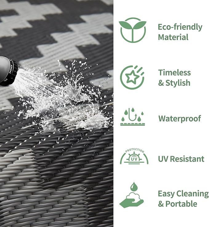 GENIMO Outdoor Rug, Waterproof Plastic Rugs for Patio, 8'x10' Black Grey | Outside Larger Modern Carpet Mat for Porch Decor, Deck, Balcony, Camping, RV, Backyard, Picnic, Beach, Reversible, Foldable