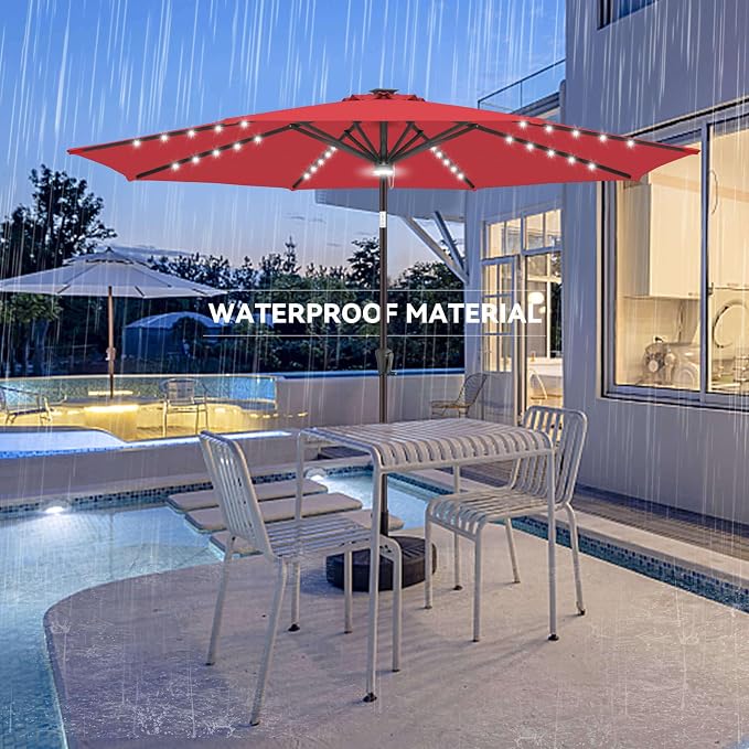 Solar Patio Umbrella with Centre Light, 9 ft Red | 40 LED Lights, UV Protection, Solar Outdoor Umbrella for Porch, Deck, Pool, Table, Garden, Provides Evening Lighting