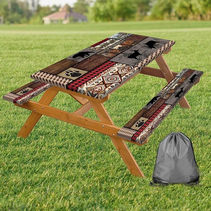 Picnic Table Cover with Bench Covers Elastic Edges, Rustic Cabin Bear Deer Print Table Cover, Waterproof Windproof Fitted, for Outdoor Camping Picnic Patio Garden , Drawstring Bag, 72 Inch 3PCS