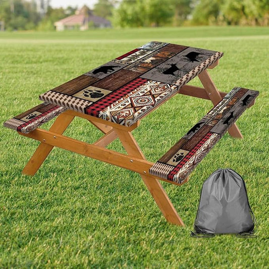 Picnic Table Cover with Bench Covers Elastic Edges, Rustic Cabin Bear Deer Print Table Cover, Waterproof Windproof Fitted, for Outdoor Camping Picnic Patio Garden , Drawstring Bag, 96 Inch 3PCS