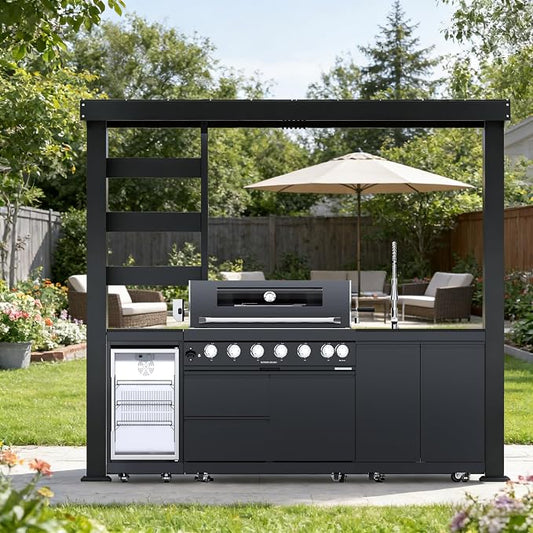 108" Natural Gas Covered Outdoor Kitchen Island with Roof, 6-Burner 85,000 BTU BBQ Island with Refrigerator, Rotisserie, Integrated Sink & Prep Station, for Backyard and Patio Cooking, Black
