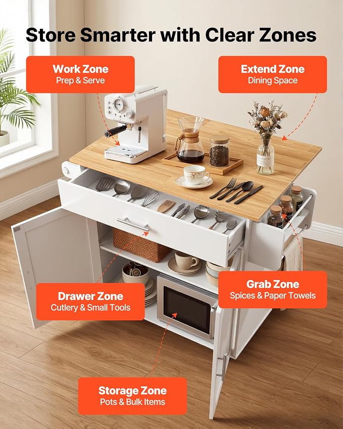 VEVOR Kitchen Island Cart with Storage, 42.28 in Wide Mobile Rolling Storage Island on Swivel Wheels, with Drawer, Storage Cabinet, Drop Leaf, Spice Rack, Table for Home Dining Room, White
