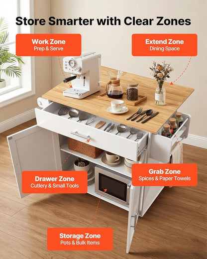 VEVOR Kitchen Island Cart with Storage, 42.28 in Wide Mobile Rolling Storage Island on Swivel Wheels, with Drawer, Storage Cabinet, Drop Leaf, Spice Rack, Table for Home Dining Room, White